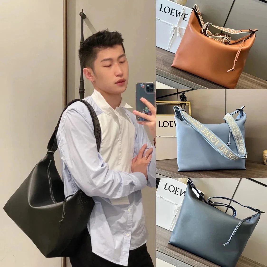 LOEWE Backpack Top version 【Premium Version Original Leather】2022New Men's Bag Soft Smooth Cow Leather and Figured Cloth Cubi Handbag Men's Lunch Box Bag Crossbody Bag Shoulder Bag Messenger Bag Can Be Put13Inch Computer Bag Large Capacity Travel Bag LOEW