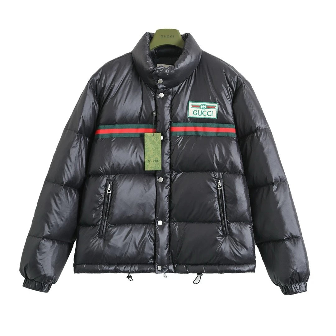 Gucci Down Jacket Classic Logo Red and Green Webbing Down Jacket Casual Loose Thickened Warm Stand Collar Short White Duck Down Puffer Jacket Unisex24ss New Winter Products