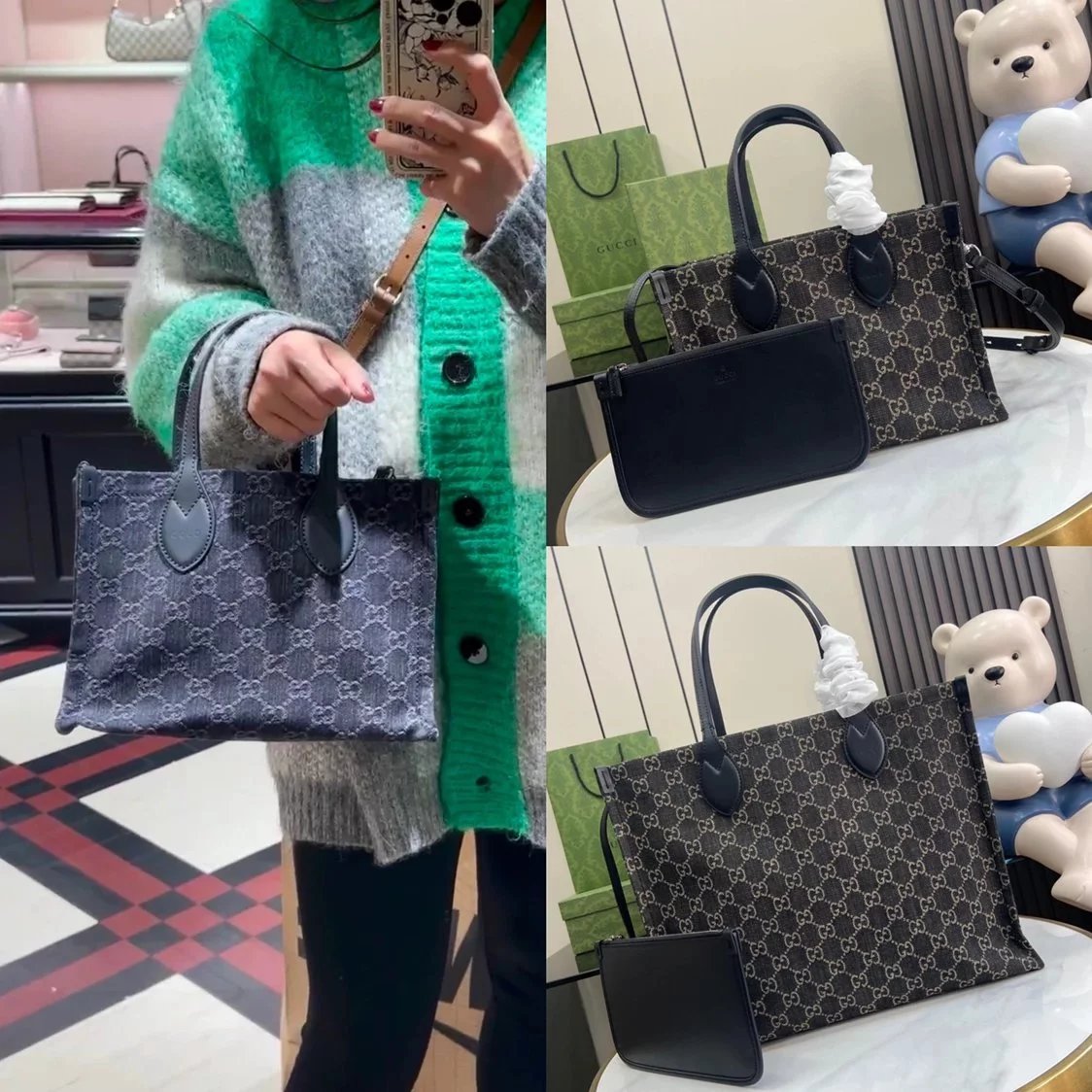 Gucci Women's Bag Top version 【**Original Leather Version】2024Early Spring New Medium Tote Bag Ophidia Black Denim Denim Tote Bag with Coin Purse Son Mother Tote New Tote Model：772184，772183