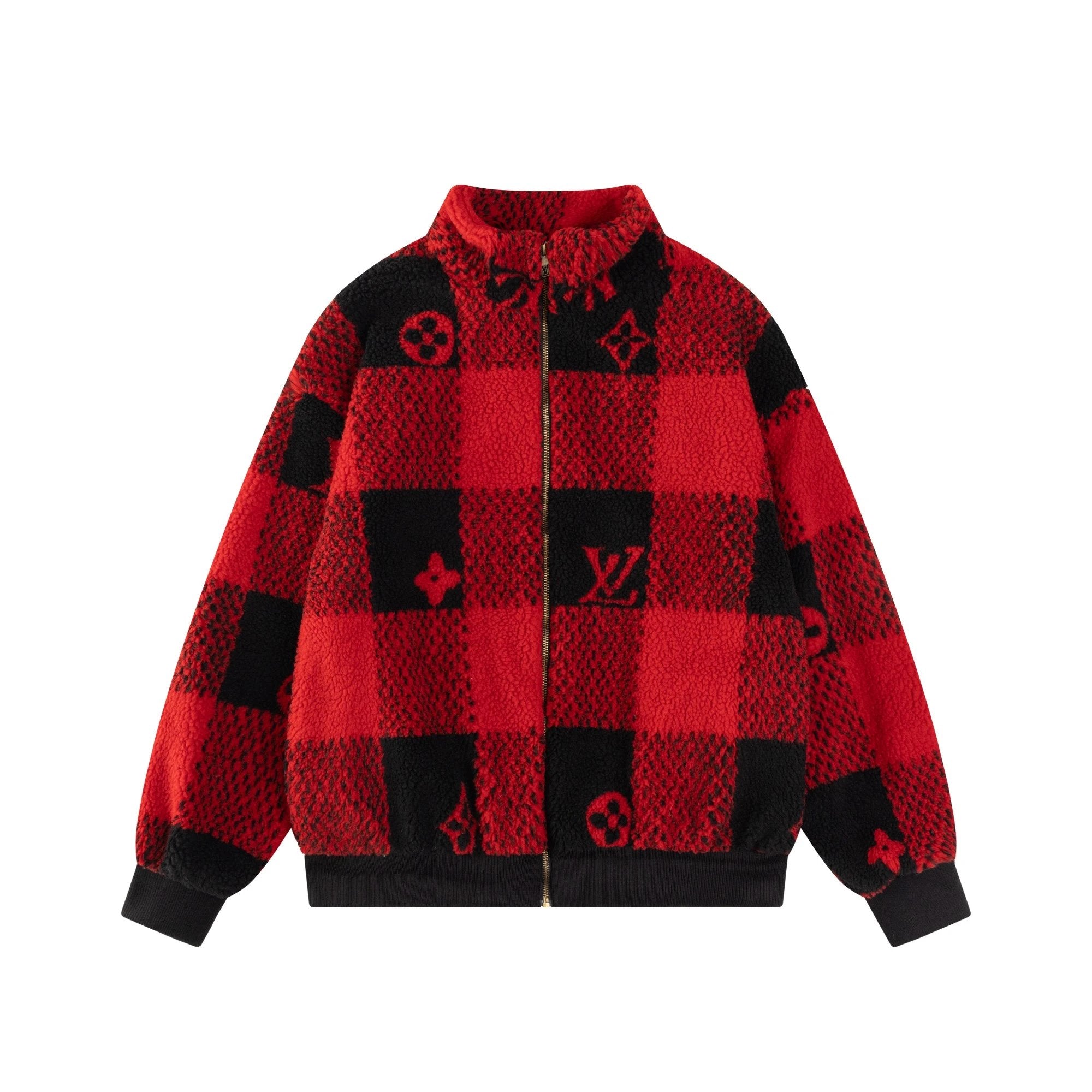 Louis Vuitton LV Jackets 24FW Autumn Winter New Red and Black Color Block Checkerboard Plush Long Sleeve Stand Collar Jacket Unisex Autumn Winter New Sports Casual Loose Versatile