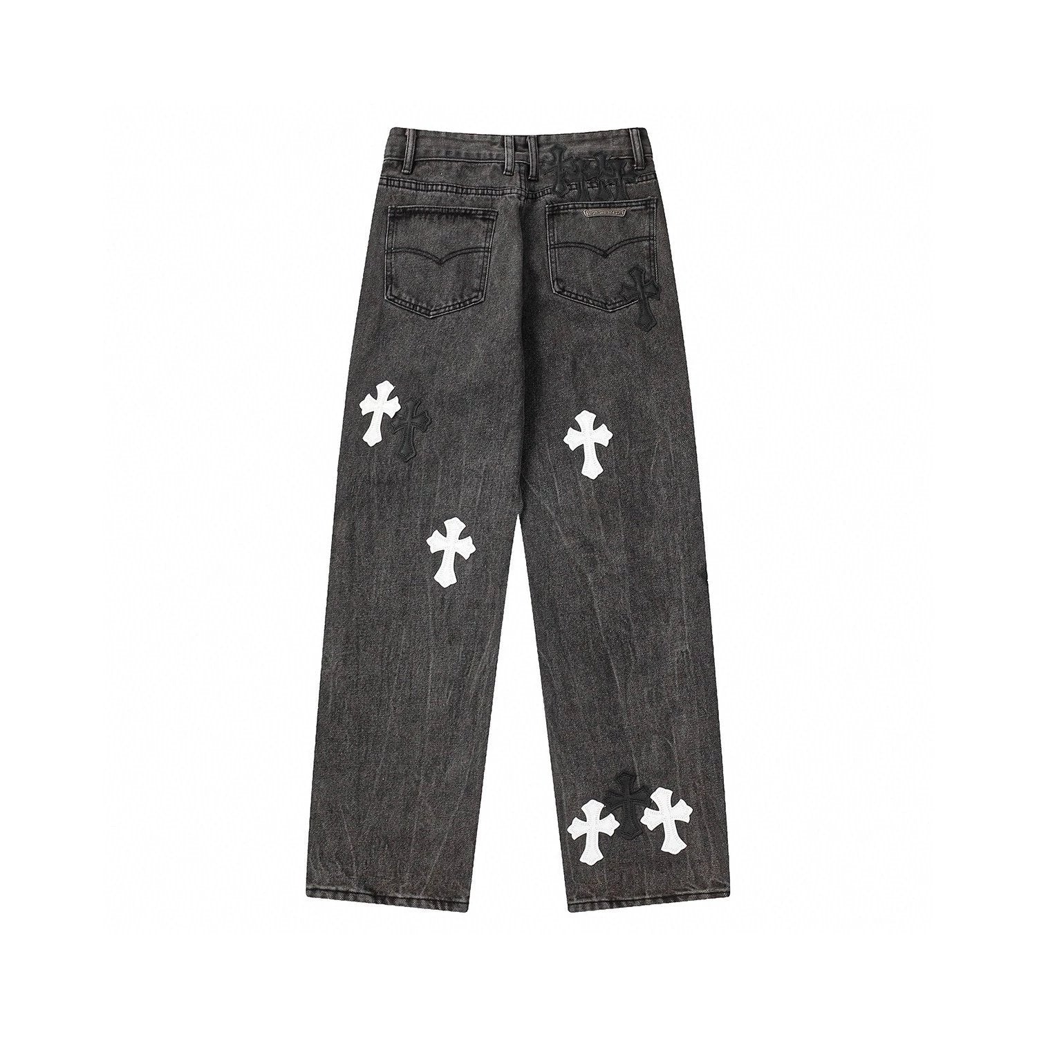 Chrome Hearts Jeans Top Version Jeans Cross Leather Tag Version Worn Jeans Casual Men and Women Slightly Loose All-Matching Contraction Trouser