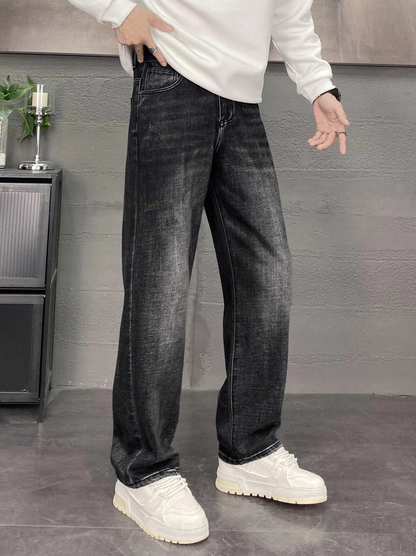 Gucci Jeans Back Waist Leather Tag logo Straight Washed Blue Jeans Autumn Winter New Unisex Loose Casual Wide Leg High Waist Pants