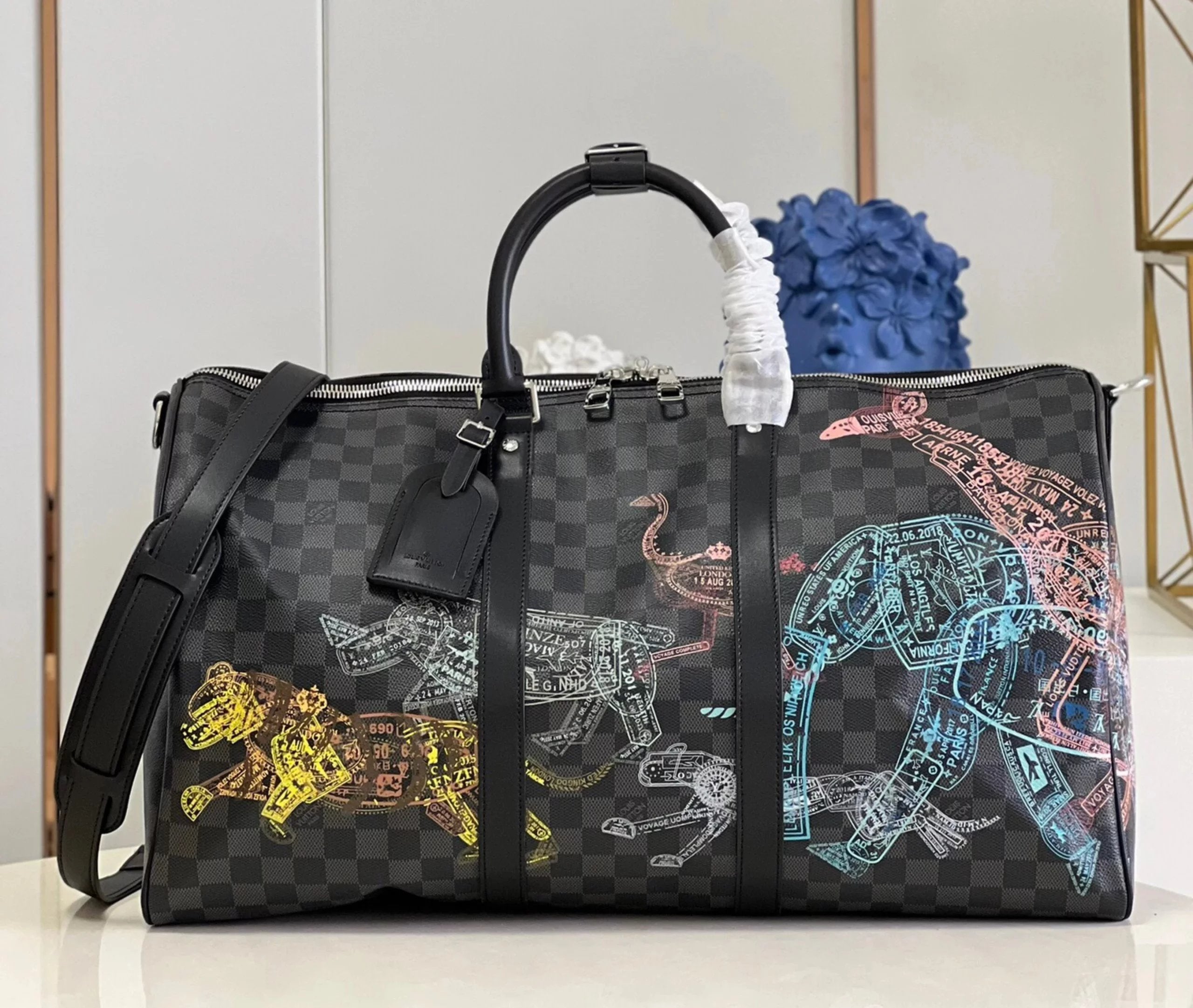 Louis Vuitton LV Travel Bag Top version 【Original Leather】N452812022New Black Checkerboard Animal Print keepal50Men's Travel Bag Portable Travel Bag