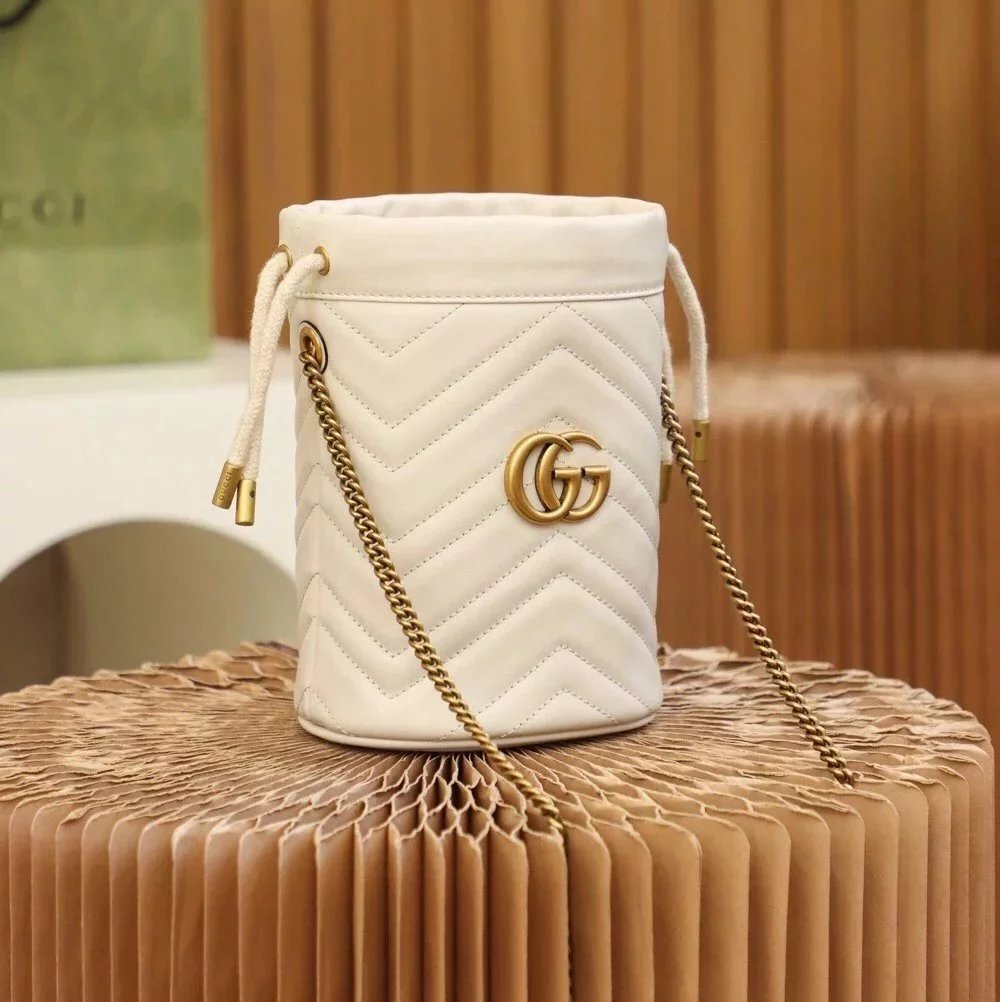 Gucci Women's Bag Top version 【Genuine Goods Leather】2022New Marmontmini Bucket Bag Ma Meng Mini Small Bucket19cm Mameng Bucket Bag Crossbody Bag Chain Bag Women's Bag