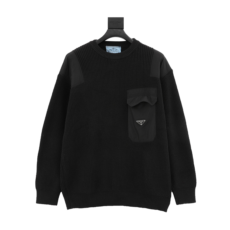 PRADA Sweater Pocket Triangle Mark logo Splicing Knitwear Sweater for Men and Women