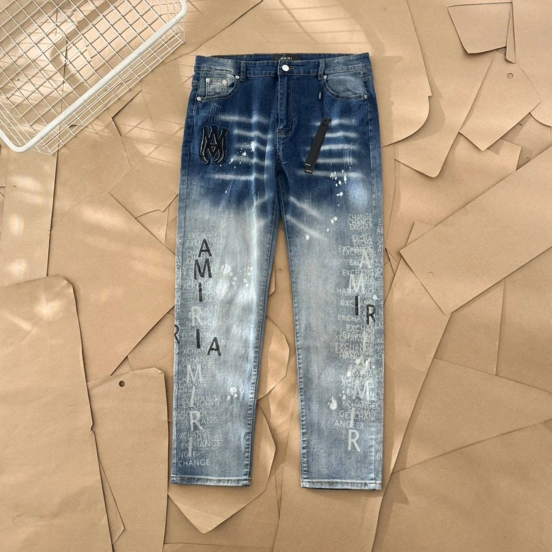 Amiri Jeans Front and back ink-splashed letters logo25ss Spring Summer New Straight Leg Jeans Unisex Slim Fit Long Pants Loose