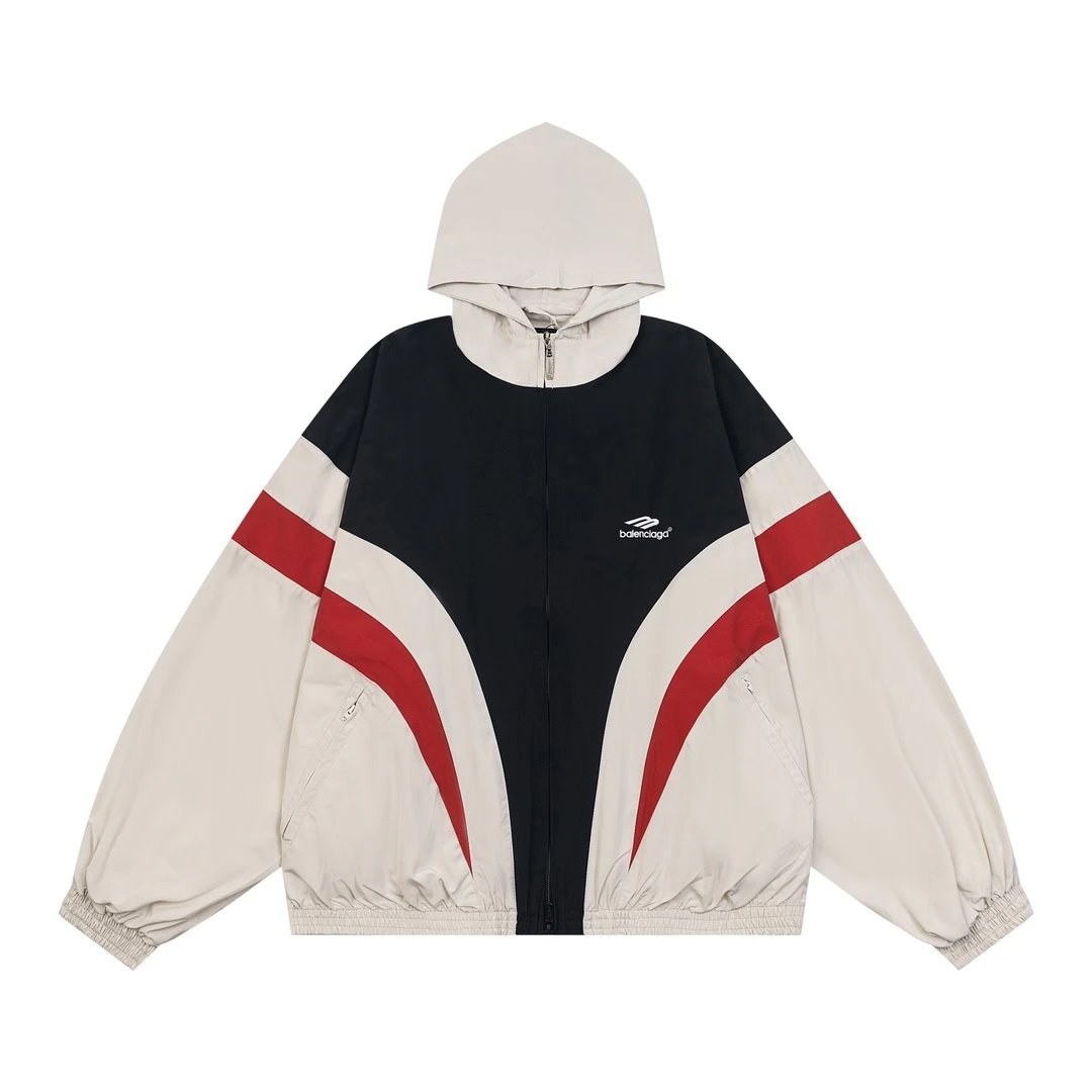 Balenciaga Jackets Matching Pants3B Embroidered White and Red Hooded Set Paris Patchwork Sports Uniform Windbreaker Jacket Casual Loose Cardigan os Unisex Style24ss Autumn and Winter New Products