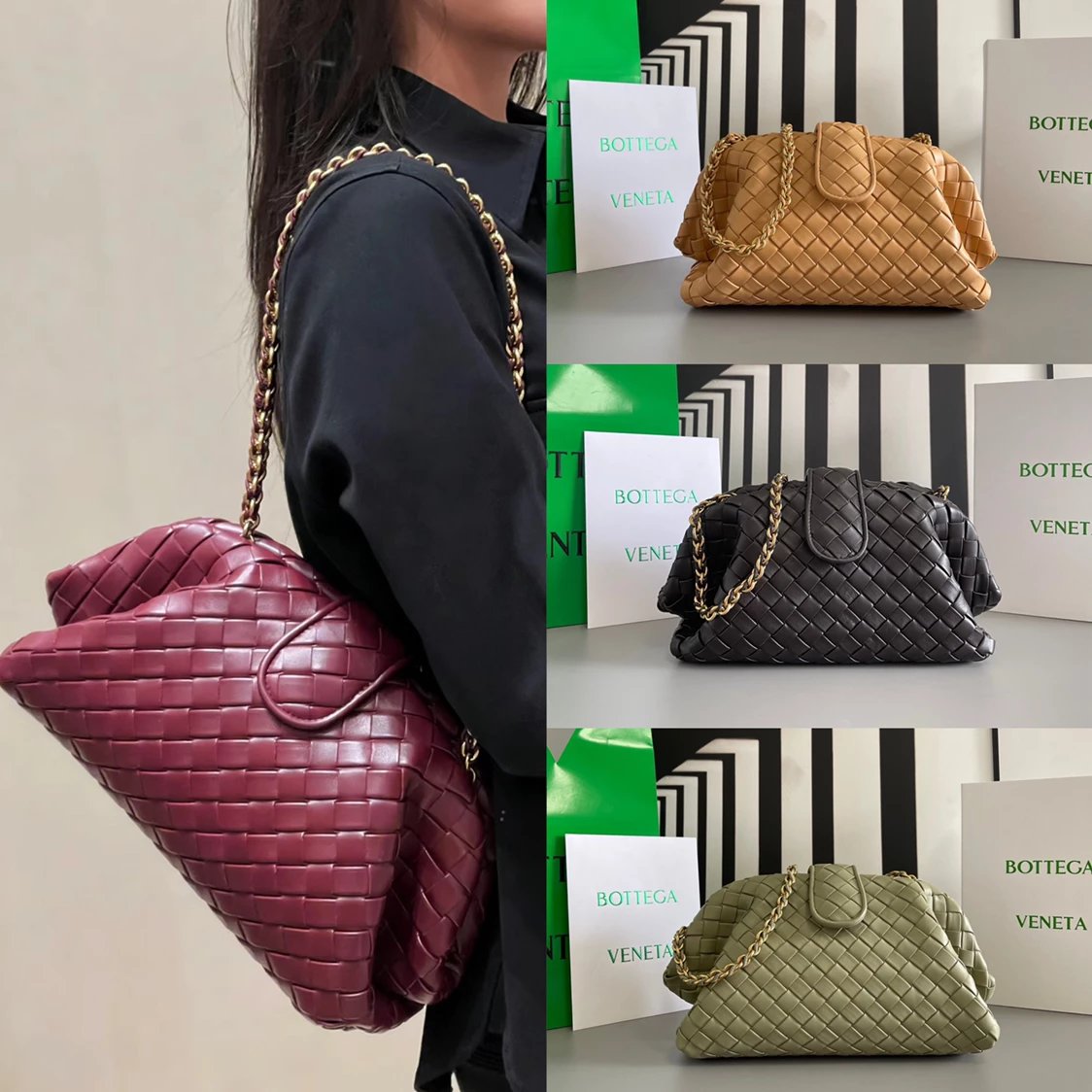 Bottega Veneta Women's Bag Top version 【Super Original Leather】2024New Return in Summer,Brand New Lauren1980|Lining lntrecciato Woven Leather Teen Size Clutch with Leather Woven Metal Chain Woven Bag Clip Bag Clouds Dumpling Bag