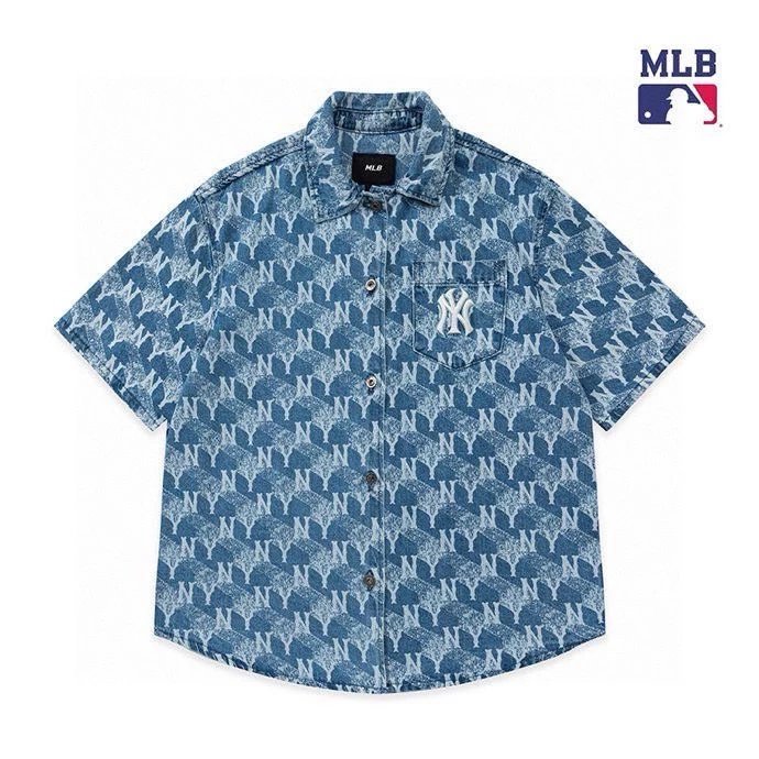 MLB T-shirt Top Version New Geometric Full Printed Shirt Shirt Collar Denim Short Sleeve Men and Women Same Style Full Printed