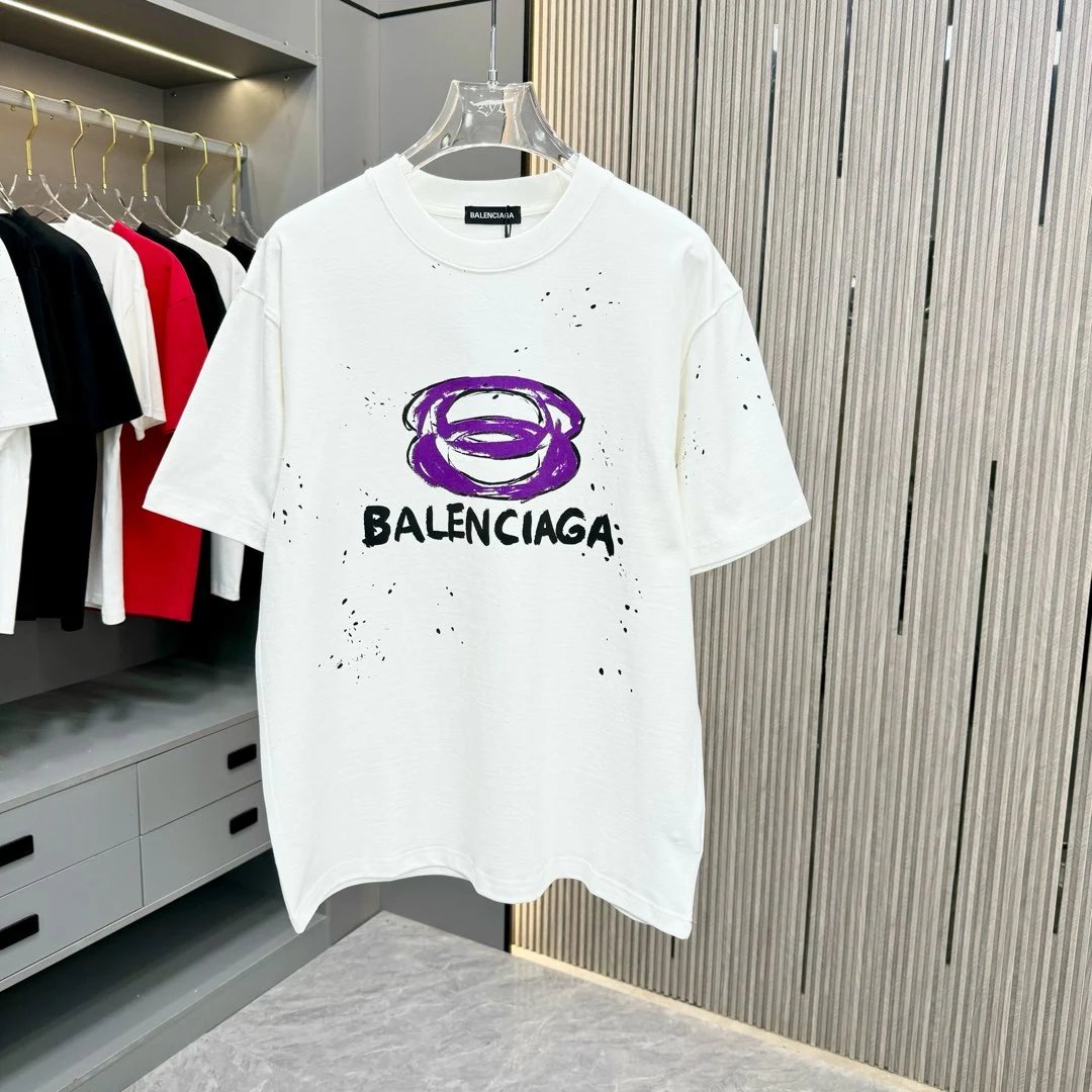 Balenciaga T-shirt Hand-painted Colors on the Chest logo round Neck Short Sleeve25ss New pure cotton T Unisex T-Shirt OS Loose Fit Base Shirt Top T-Shirt Short Sleeve