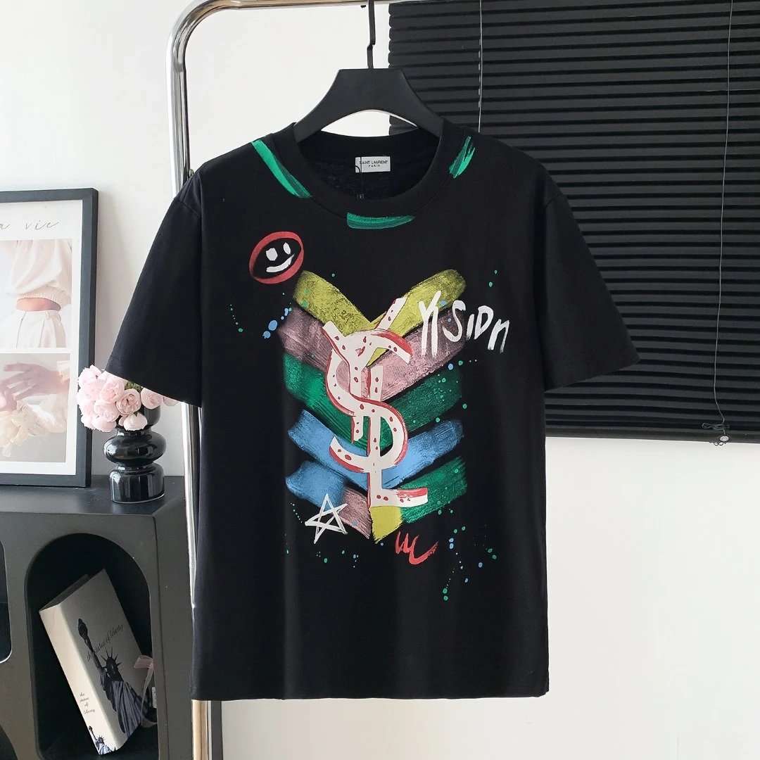YSL T-shirt Chest Graffiti Hand-drawn Pattern Print logo round Neck Short Sleeve25ss New Pure Cotton Unisex Style T Casual T-Shirt Base Layer Shirt OS Loose Fit Half Sleeve Top Plus Size