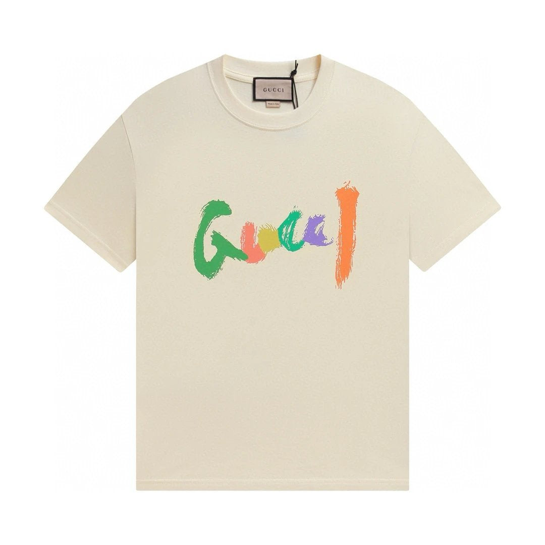 Gucci T-shirt Colorful Letter Print on the Chest logo round Neck Short Sleeve25ss New pure cotton T Unisex T-Shirt OS Drop Shoulder Loose Fit Base Shirt Top T-Shirt Short Sleeve