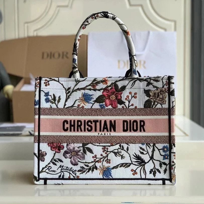 Dior Women's Bag Top version Same Style as Stars2023New Product BookTotemini Tote Bag Houndstooth Mini Small Sized Large Canvas Embroidered Shopping Bag Handbag Shoulder Bag Women's Bag