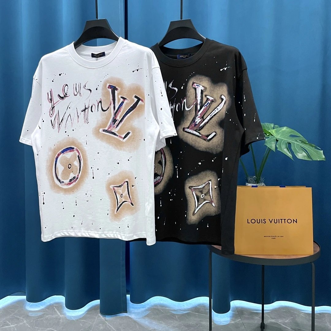 Louis Vuitton LV T-shirt Hand Drawn logo round Neck Short Sleeve25ss New Pure Cotton Unisex Style T T-shirt OS Loose Fit Base Shirt Casual Top Short Sleeve T-Shirt