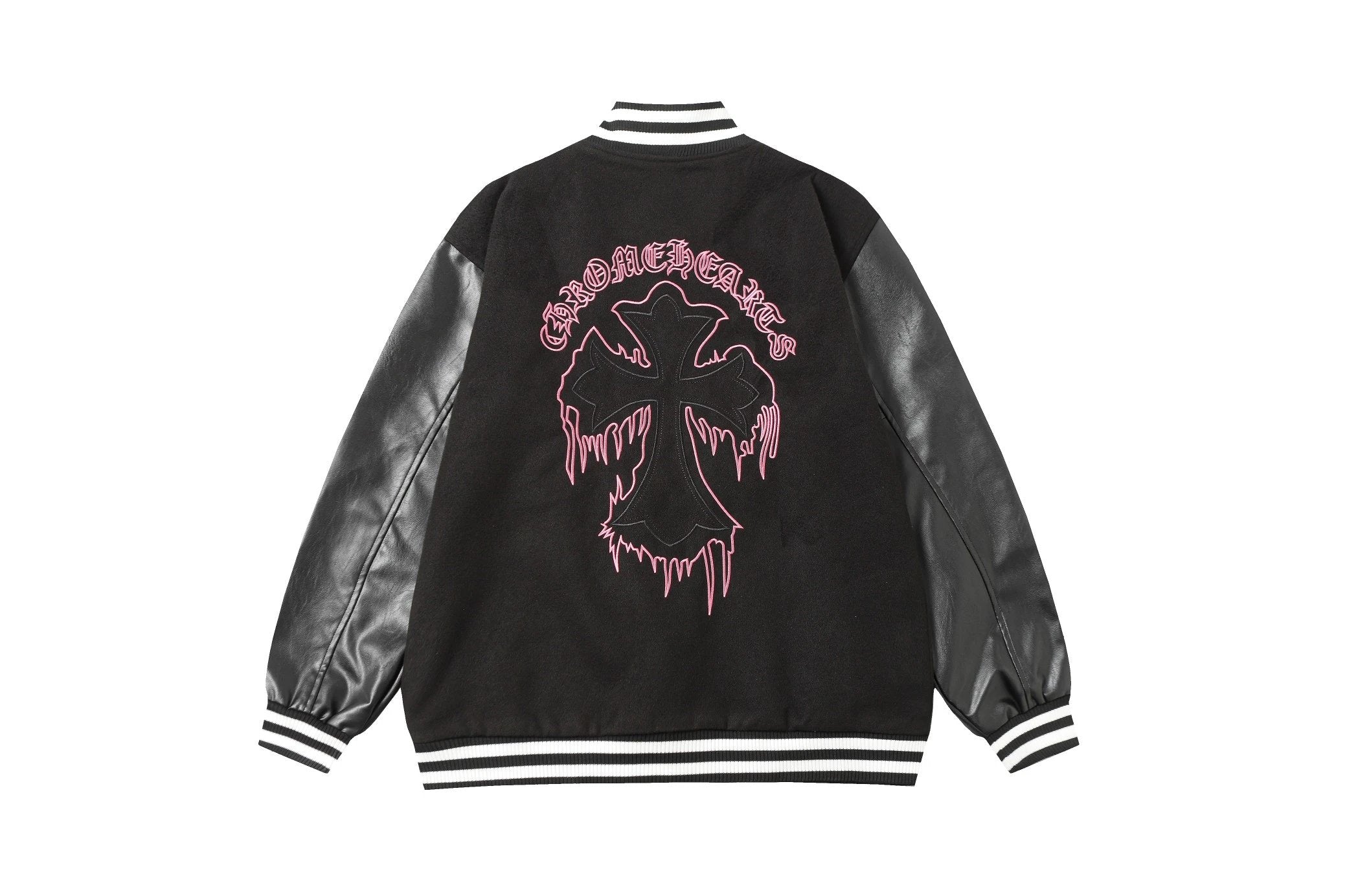 Chrome Hearts Jackets Patchwork Leather Baseball Jacket Black and White Color Block Short Coat Towel Embroidery American Style Letters Unisex Street Style Padded Thickened Jacket