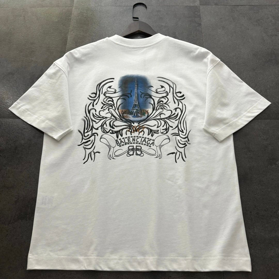 Balenciaga T-shirt Back Pattern Print logo round Neck Short Sleeve25ss New Pure Cotton Unisex Style T T-shirt OS Loose Fit Base Shirt Top Half Sleeve T-Shirt