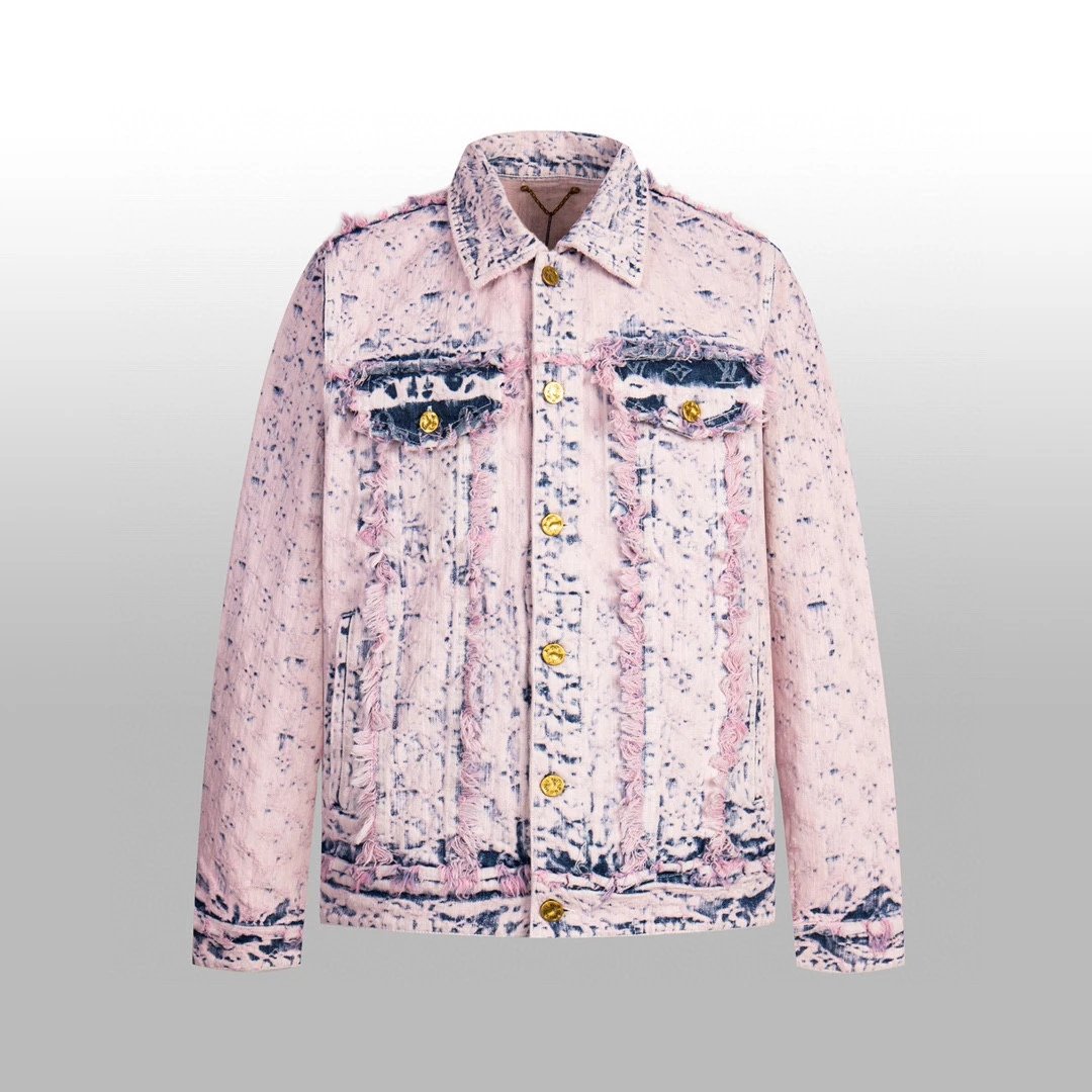 Louis Vuitton LV Jackets Tassel Tie-Dye Gradient Denim Jacket Fashion Simple Heavy Casual Short Denim Unisex Washed Vintage Turn-Down Collar Jacket